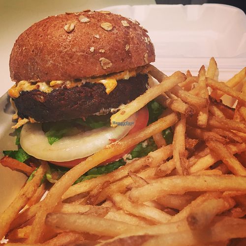 cheeseburger and fries to-go at One Veg World in Pasadena