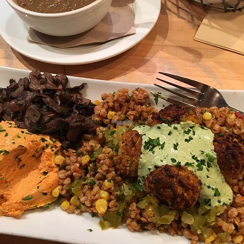 Farro w/falafel, mushrooms & roasted red pepper hummus at Nanoosh in New York City
