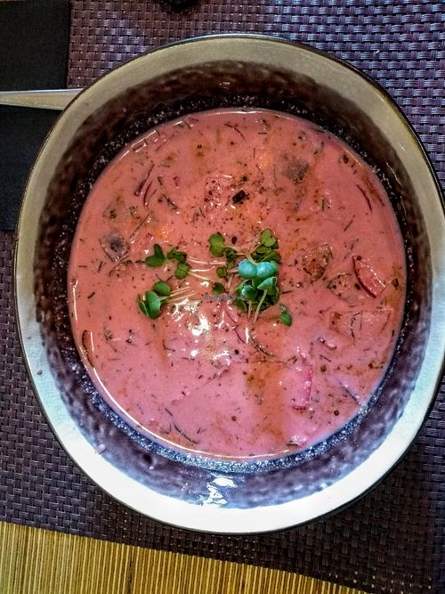 Cold beet soup (Borscht?): looks non vegan but it is vegan, very Latvian (a dish they share with other countries, but which they also claim as their own) and very tasty at Bhajan Cafe in Riga