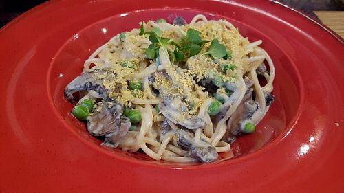 Spaghetti carbonara at Bhajan Cafe in Riga