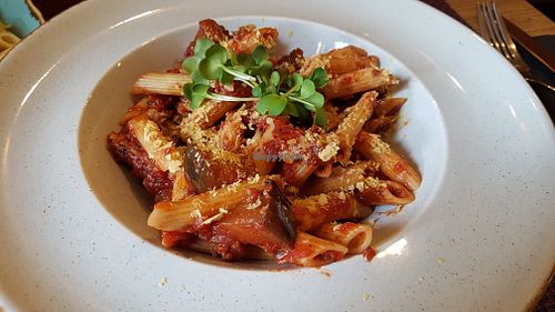 Pasta marinara with eggplant at Bhajan Cafe in Riga