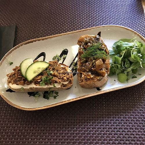 Bruchetta with salmon and Jack fruit😍 at Bhajan Cafe in Riga