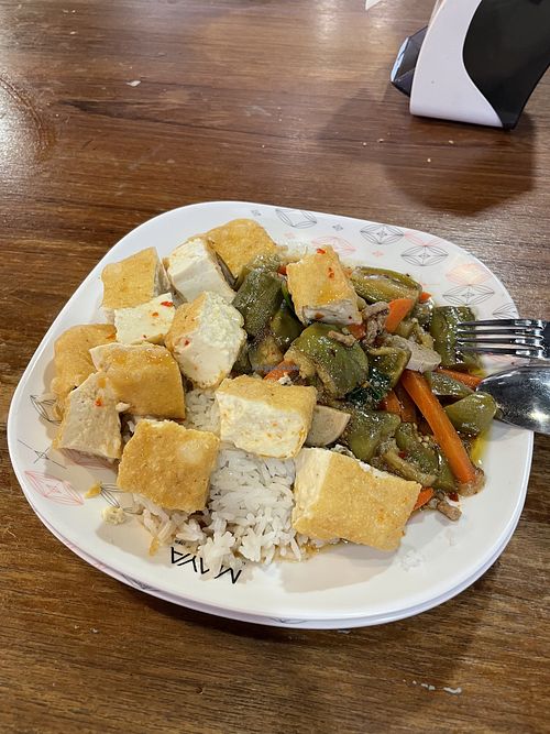 Eggplant with rice and tofu  at Im Jai - Veg Food Stall in Chiang Mai