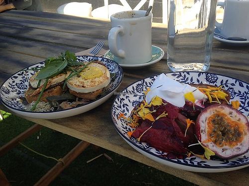 Tofu eggs and rhubarb pancakes. at Little Seed by Firefly in Toowoomba