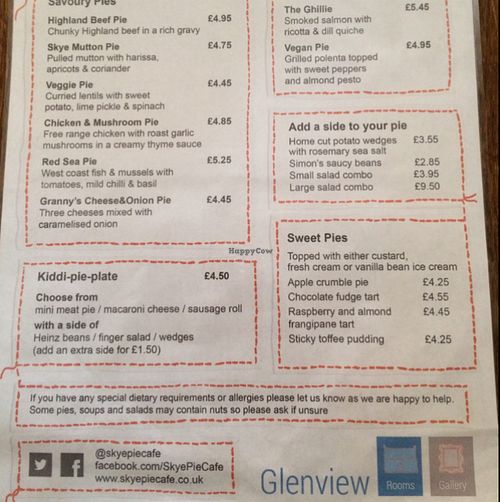 the menu at Skye Pie Cafe in Isle Of Skye
