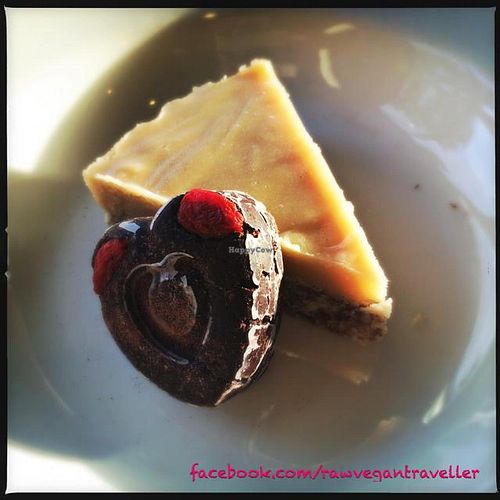 raw cheesecake and cocoa heart with gojis  at Judahlicious in San Francisco