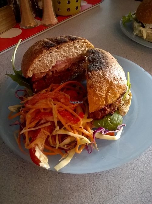 Beet spiced bean burger at Pulp Fiction Future Food and Juice Cafe in Whitley Bay