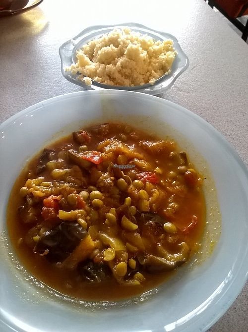 Persian aubergine stew and cous cous at Pulp Fiction Future Food and Juice Cafe in Whitley Bay