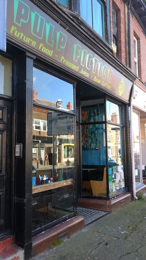 outside at Pulp Fiction Future Food and Juice Cafe in Whitley Bay