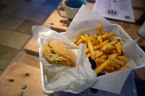 Vegan seitan burger w/fries at Brooklyn Burger Joint in Lillehammer