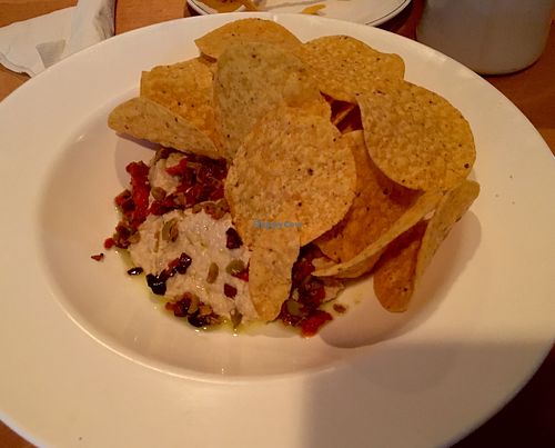 Appetizer hummus with chips (staff modified due to Gluten intolerance) at Indigo Coastal Shanty in Brunswick