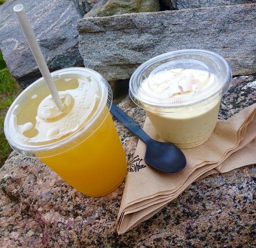 Passion Fruit & Mango Lemonade next to Aloha Chia Pudding at Amor - Catering in West Hartford
