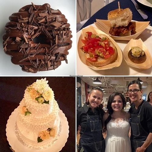 Food from my wedding (clockwise from top-left): chocolate donut; bruschetta, pulled pork slider, and stuffed mushroom; coconut wedding cake; the owners (Mal and Gabriella) and I. at Amor - Catering in West Hartford