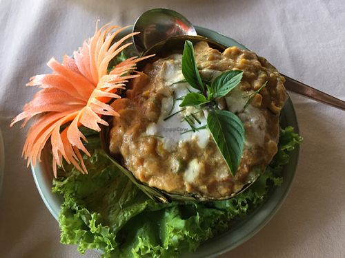 Veg curry in banana leaf at The Whole Earth in Chiang Mai