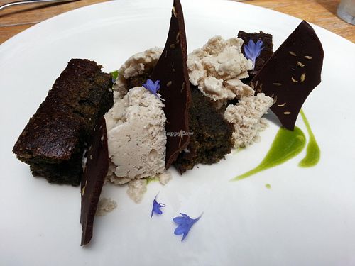 Chlorella cake with ice cream and chocolate at Plant Food + Wine in Los Angeles