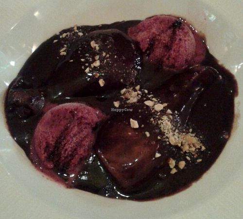 Vegan dessert caled 'Palako Pear'
made with pear cooked in black tea, served with dark chocolate sauce and vegan berry ice cream at Matoni in Split