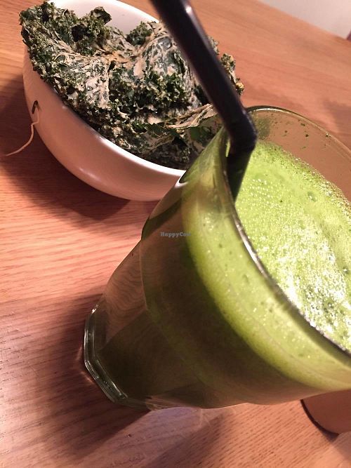 Dehydrated kale chips with sour cream. One of the best items on the menu at simpleRAW in Copenhagen