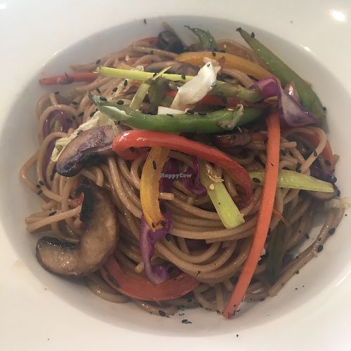 Vegan wok dish €11.95
(noodles, vegetables, portobello mushrooms, soy sauce
and ginger oil) at Fang i Aram in Menorca