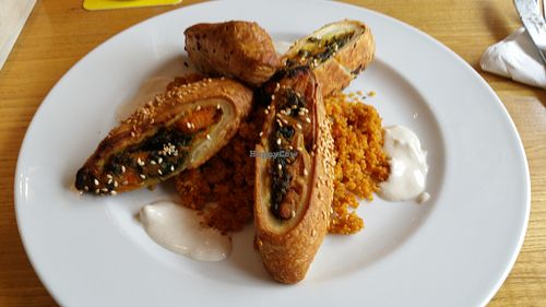 Couscous salad with cashew mousse and a sweet potatoe & Spinach filo pastry - yummy!!! at Delikat am Stadewäldchen in Dortmund