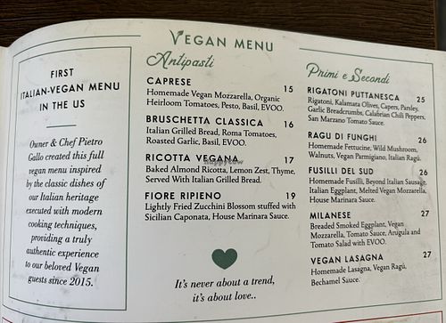 Vegan menu   at Civico 1845 in San Diego