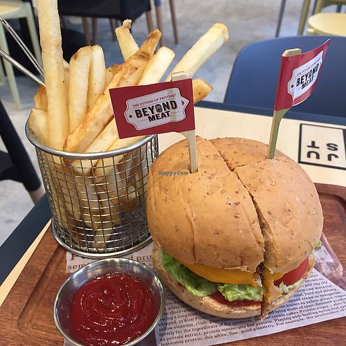 rly delicious and filling beyond burger with fries  at Green Common - Wanchai in Hong Kong Island