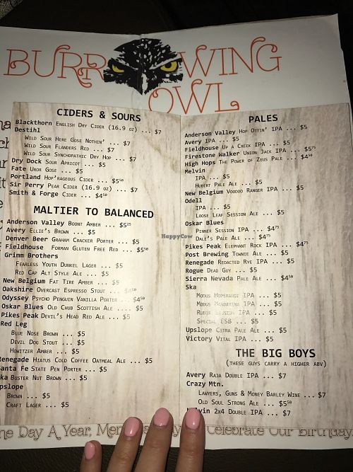 Menu at The Burrowing Owl in Colorado Springs