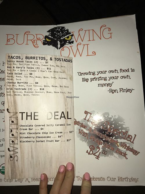 Menu at The Burrowing Owl in Colorado Springs