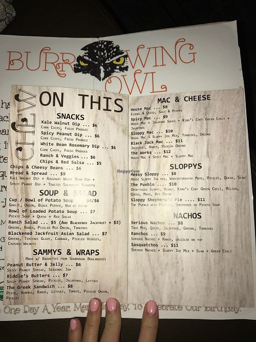 Menu at The Burrowing Owl in Colorado Springs