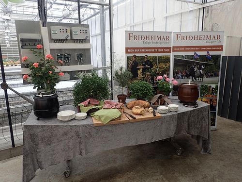 Fresh Soup and Bread Table. The temperature, lighting and watering controls are behind the table. The germination greenhouse is in the background. at Fridheimar in Reykholt