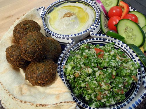 Mezze with Falafels, Baba ghanoush, Tabbouleh at Ahimsa Vegan Restaurant and Club in Wroclaw