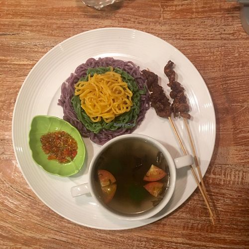 trio of noodles & mushroom skewers  at Mai3 Cafe and Resto Vegan in Denpasar