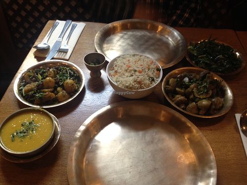Vegan meal of three vegetable dishes, special rice and dhal (shared between 2). at Yak Yeti Yak in Bath