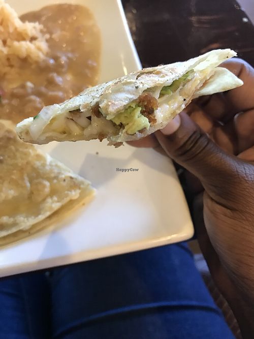 Inside of vegan quesadilla with beer battered avocado  at Pancho's Kitchen in Las Vegas