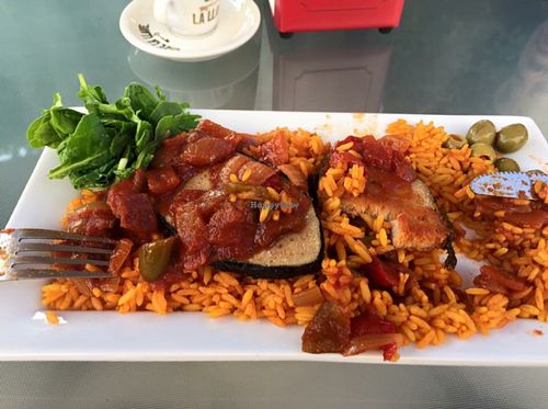 vegan Bacalao over rice.  at Equelecua Cuban Cafe - Cloud Kitchen in Los Angeles