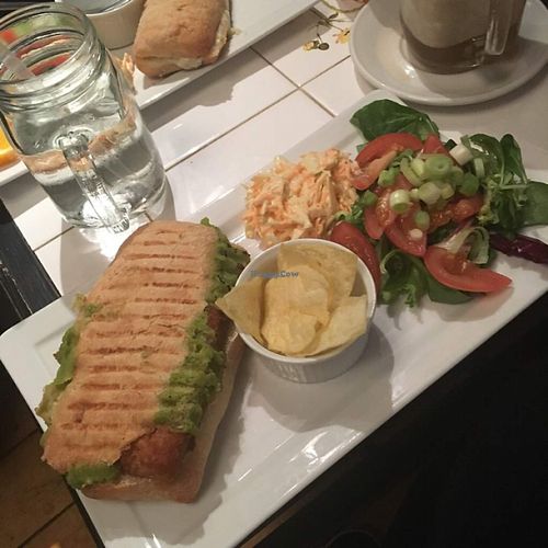 Vegan 'fish finger' & mushy pea panini with salad  at Blondes in Cottingham