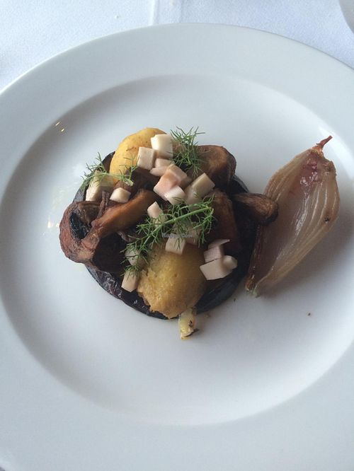 Grilled eggplant with mushrooms, ash potatoes, pickled sellery and fennel greens with picked shallot on the side. at Sammy's by Culinary Forward in San Pawl Il-bahar