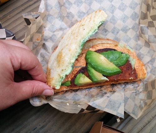 Pepperoni melt topped with avocado  at Fru Fru Terra in Portland