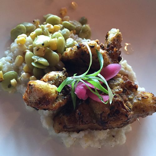 chicken foot mushrooms on southern grits at Crooked Ewe Brewery and Ale House in South Bend