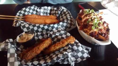 Corn dogs, deep fried pickles, chili fries. at The Buckingham in Edmonton