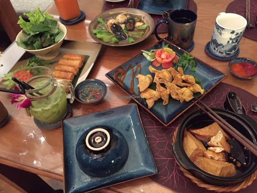 stuffed tofu, stuffed shiitake, spring rolls, fried wantan  at Bong Sung Vegetarian Food - District 1 in Ho Chi Minh City