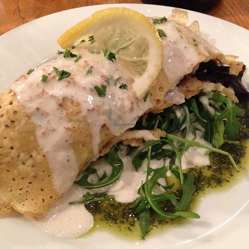 mushroom and leek crepe with almond bechamel at Henderson's Vegan in Edinburgh