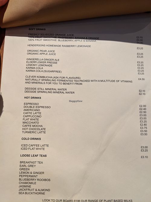 menu at Henderson's Vegan in Edinburgh