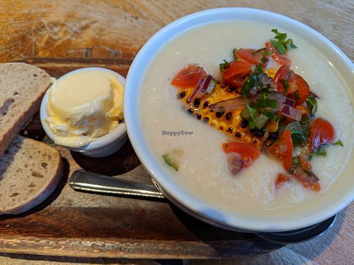 Buffalo cauliflower soup with roasted corn and salsa, served with bread or oatcakes at Henderson's Vegan in Edinburgh