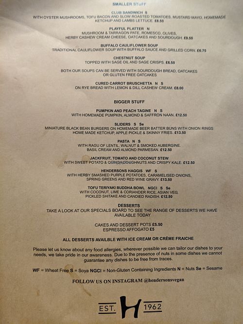 menu at Henderson's Vegan in Edinburgh