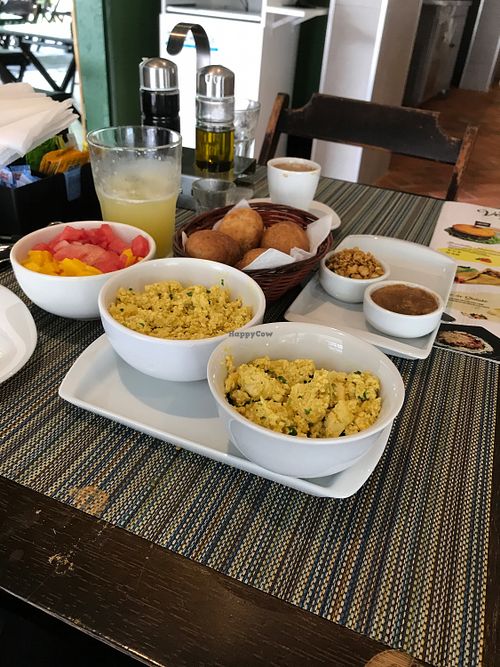 Breakfast with extra tofu instead of cashew yoghurt and extra buns instead of the plum muffin and brownie at Green's - Asa Norte in Brasilia