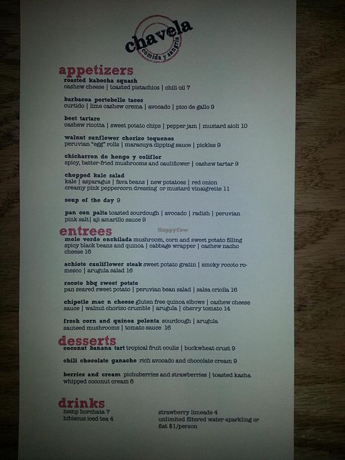 food menu at Chavela Restaurant in Hollywood