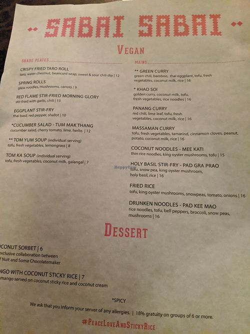 Vegan menu at Sabai Sabai in Toronto