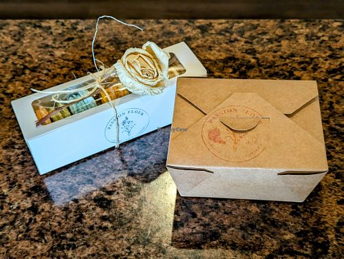 Gift box of macarons and the first part of our take-out order. at Passion Flour Patisserie in Salt Lake City