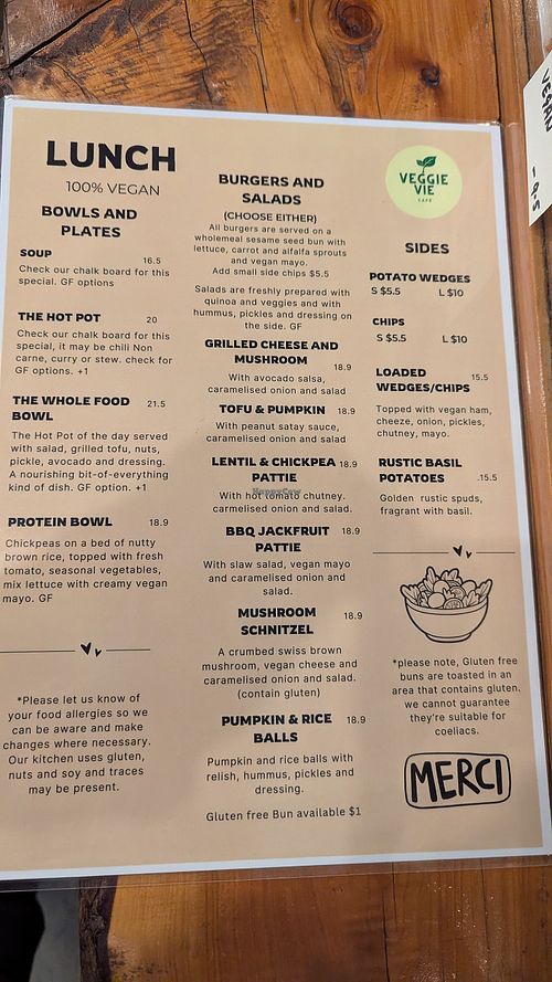 Lunch Menu at Veggie Vie in Adelaide