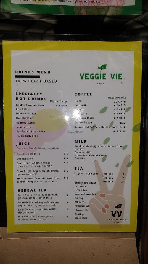 Drinks menu at Veggie Vie in Adelaide
